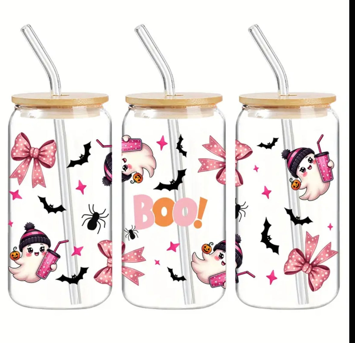 Halloween Themed - 480ml Glass can with bamboo lid and straw
