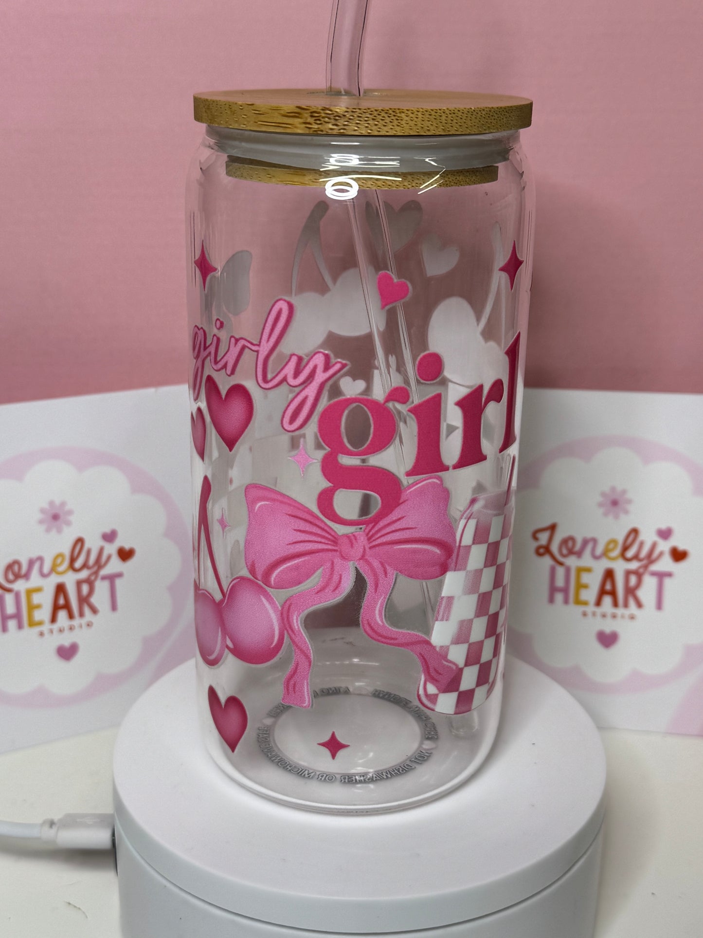 Girly Girl 16oz Glass Libbey can with glass straw