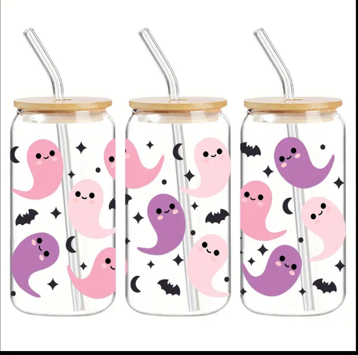 Halloween Themed - 480ml Glass can with bamboo lid and straw