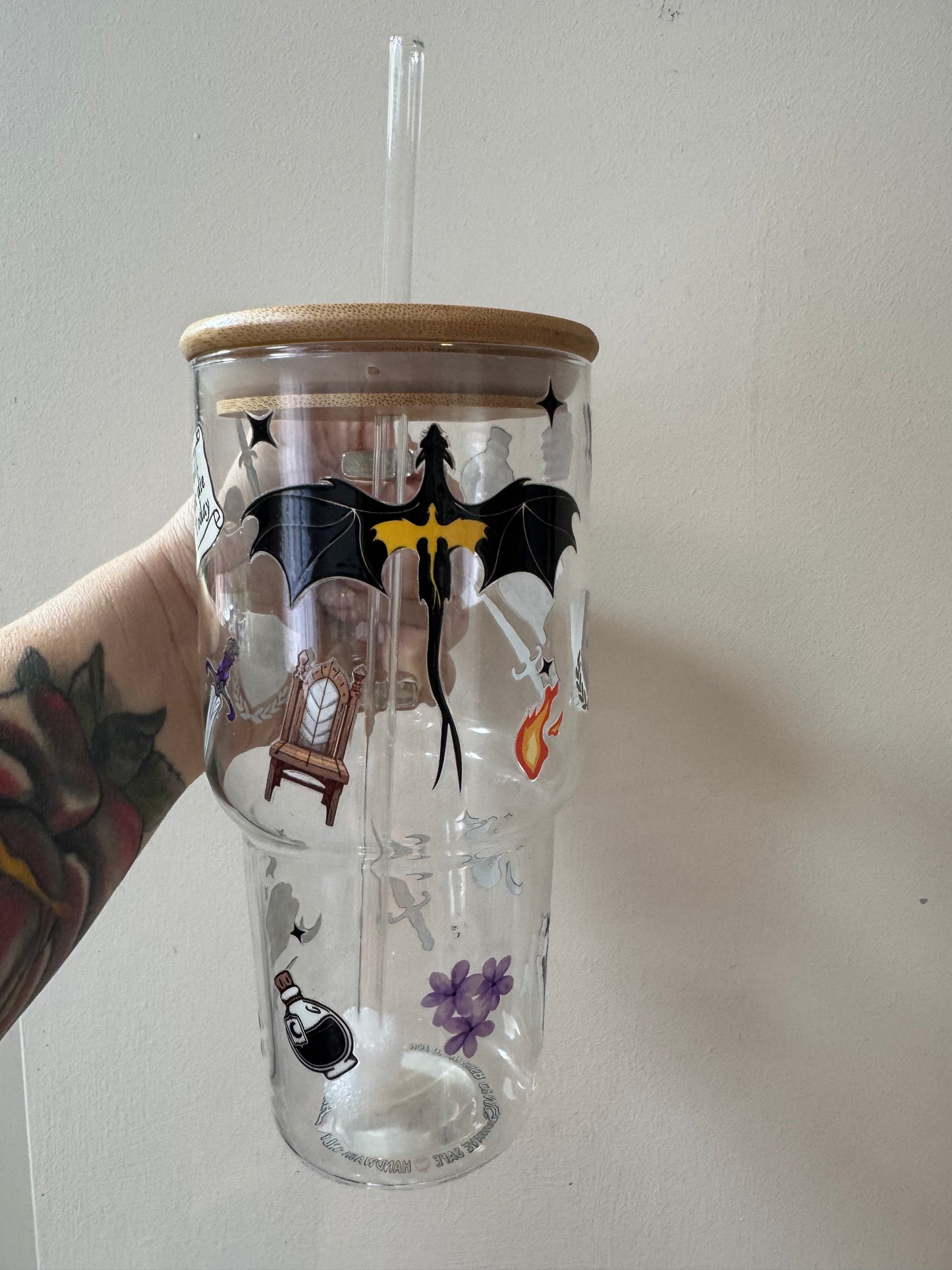 Fourth Wing Inspired Glass Tumbler with Handle, Bamboo lid and Glass straw - 750ml