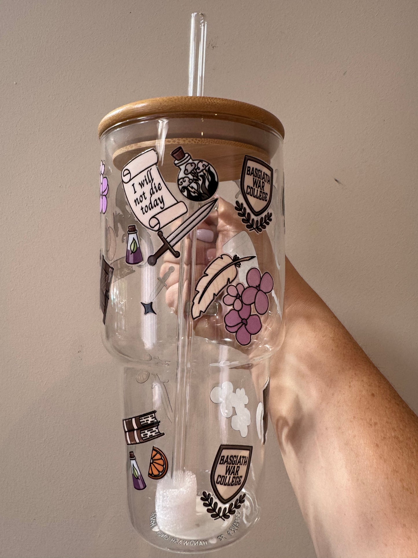 Fourth Wing Inspired Glass Tumbler with Handle, Bamboo lid and Glass straw - 750ml