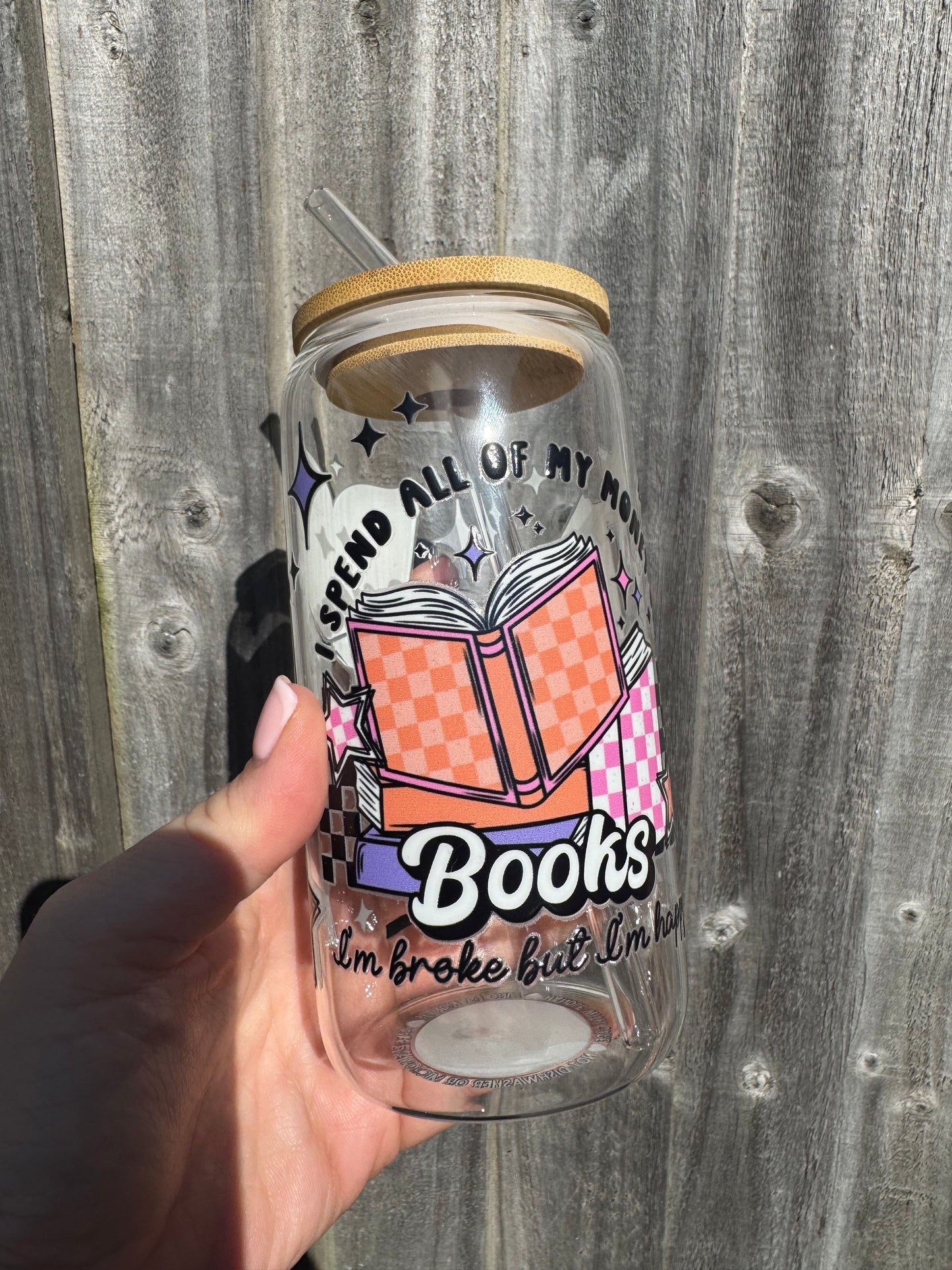 Bookish 16oz Glass Libbey can with glass straw