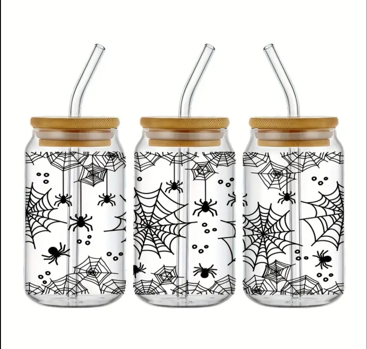 Halloween Themed - 480ml Glass can with bamboo lid and straw