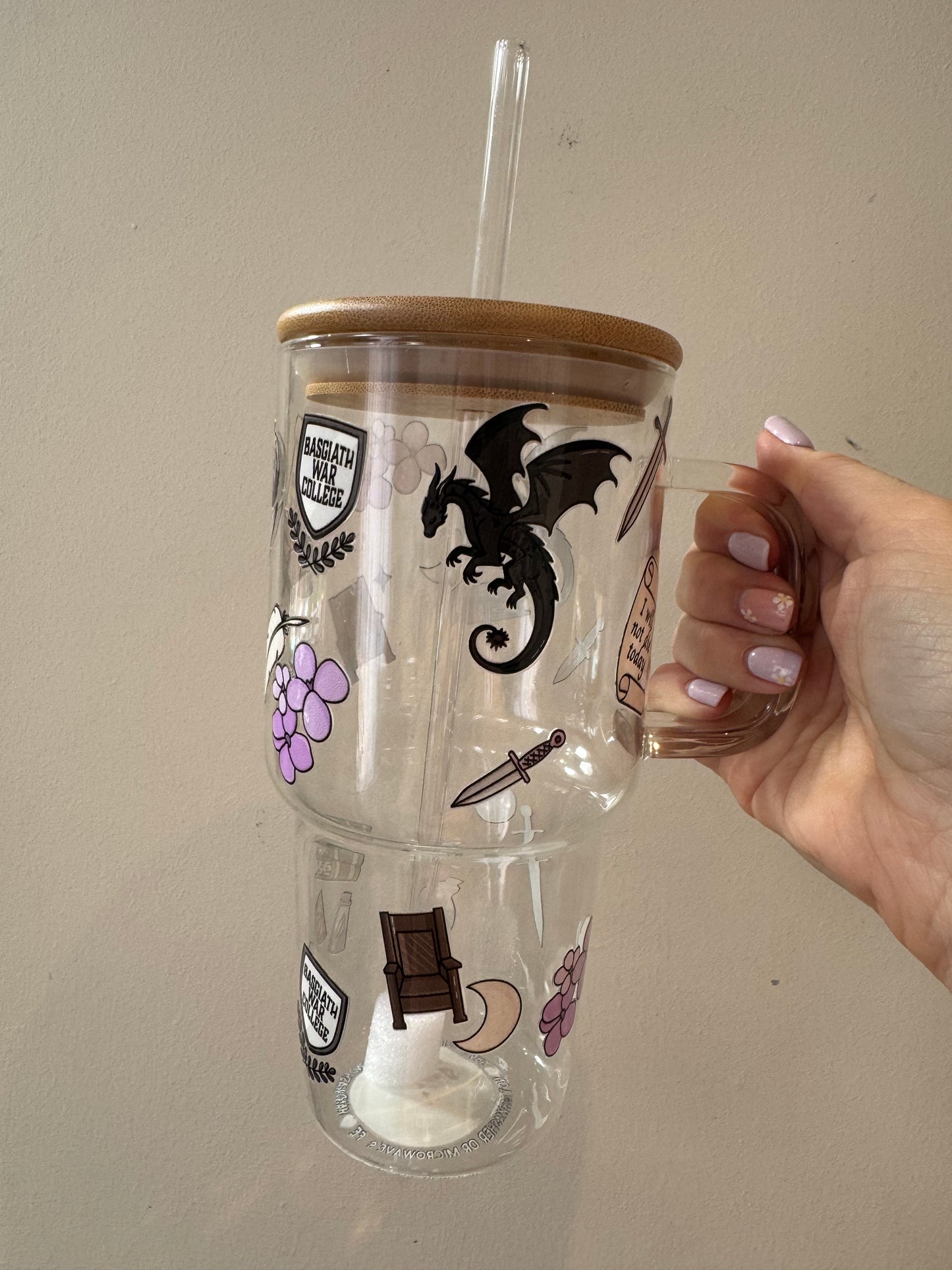 Fourth Wing Inspired Glass Tumbler with Handle, Bamboo lid and Glass straw - 750ml