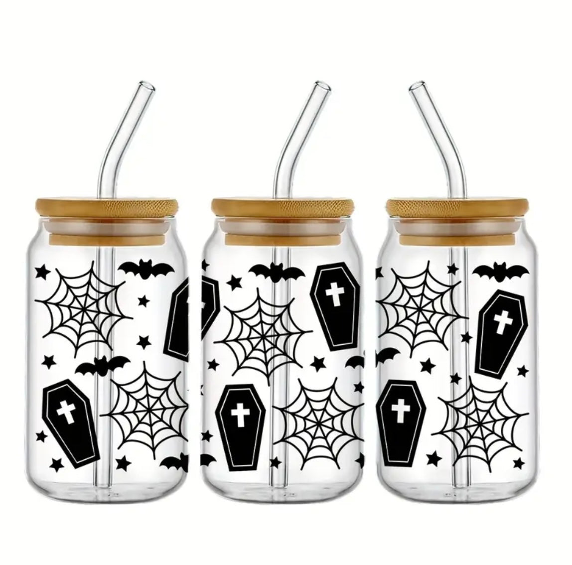Halloween Themed - 480ml Glass can with bamboo lid and straw