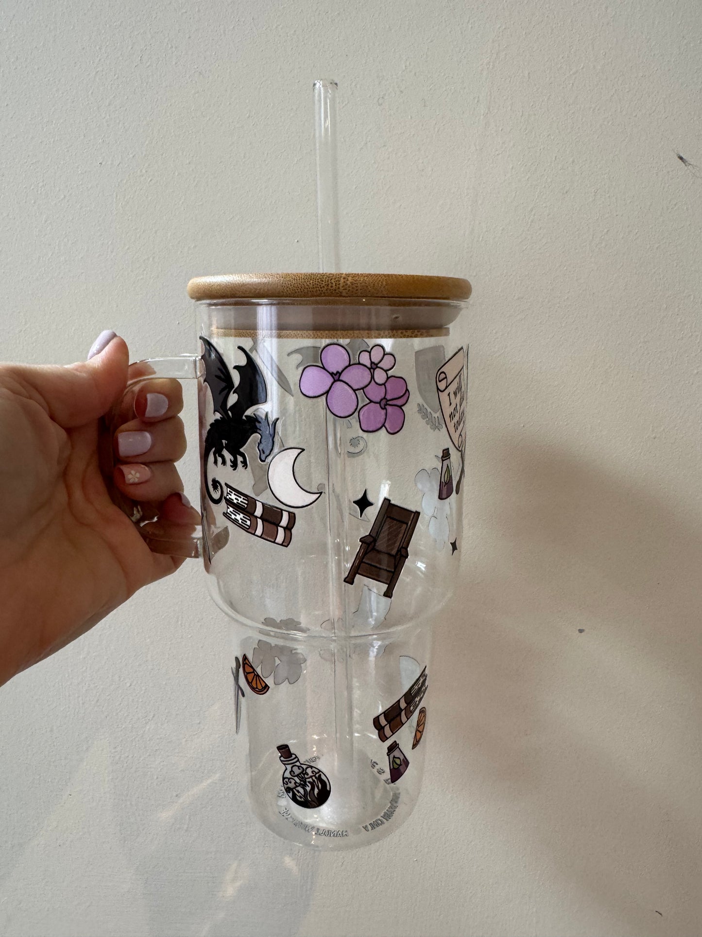 Fourth Wing Inspired Glass Tumbler with Handle, Bamboo lid and Glass straw - 750ml