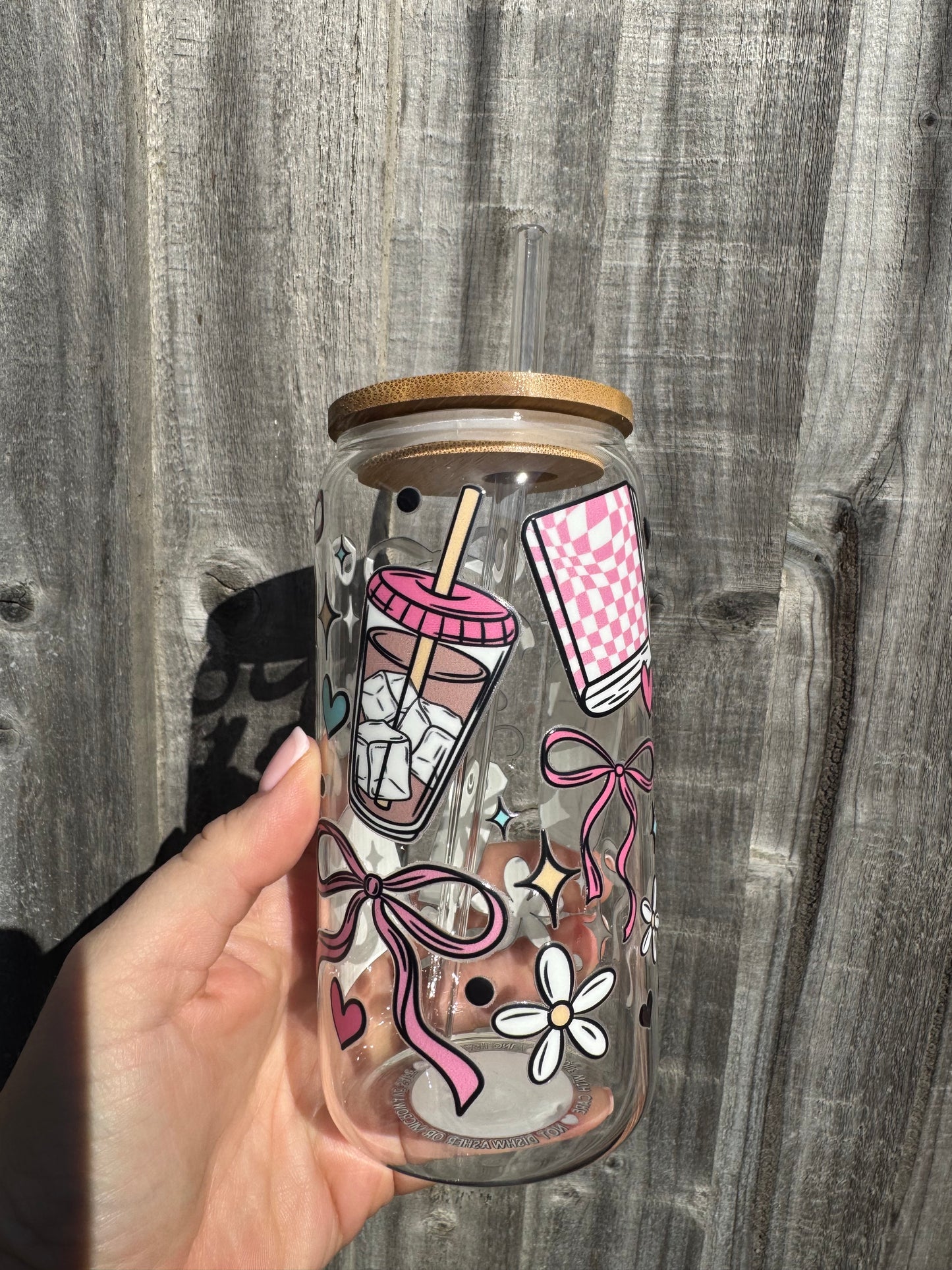 Books and coffee 16oz Glass Libbey can with glass straw