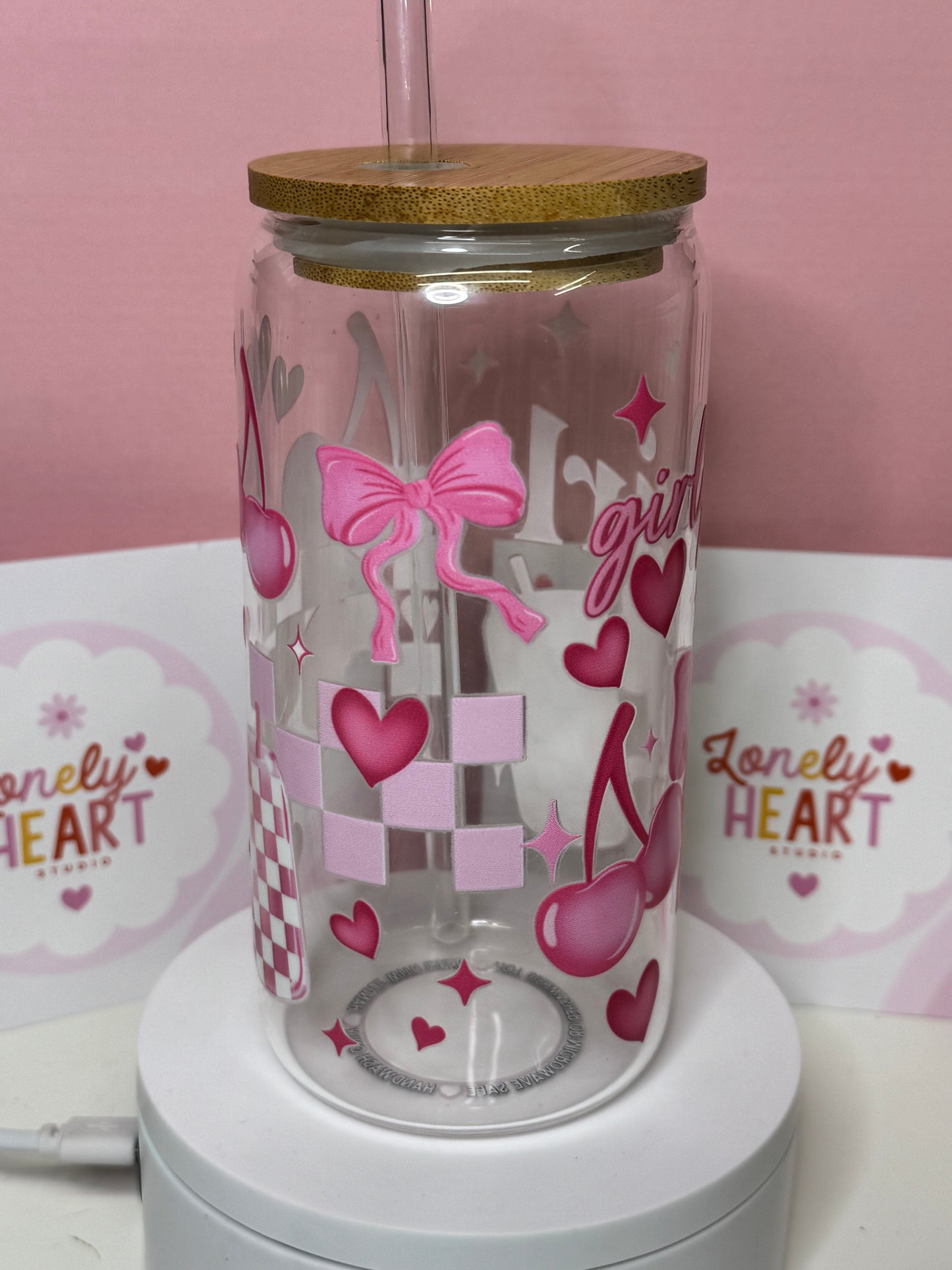 Girly Girl 16oz Glass Libbey can with glass straw