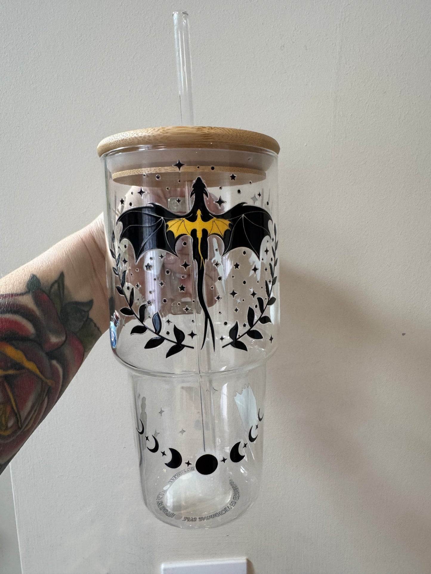 Fourth Wing Inspired Glass Tumbler with Handle, Bamboo lid and Glass straw - 750ml