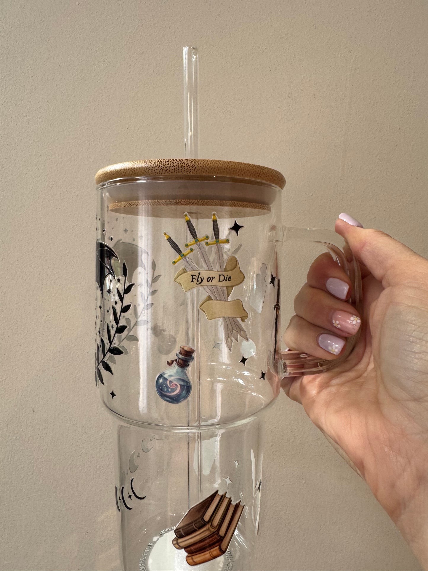 Fourth Wing Inspired Glass Tumbler with Handle, Bamboo lid and Glass straw - 750ml