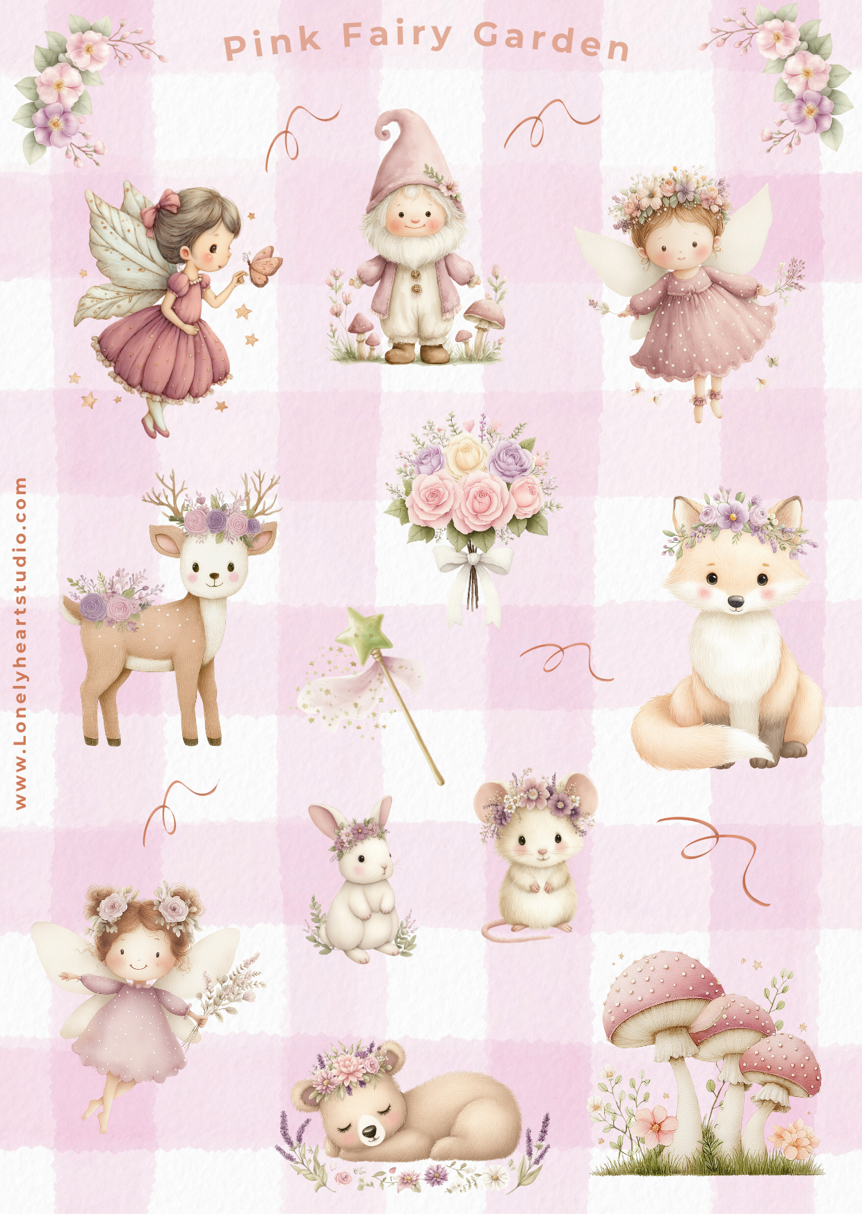 Pink Fairy Garden Whimsical Sticker Sheet A6