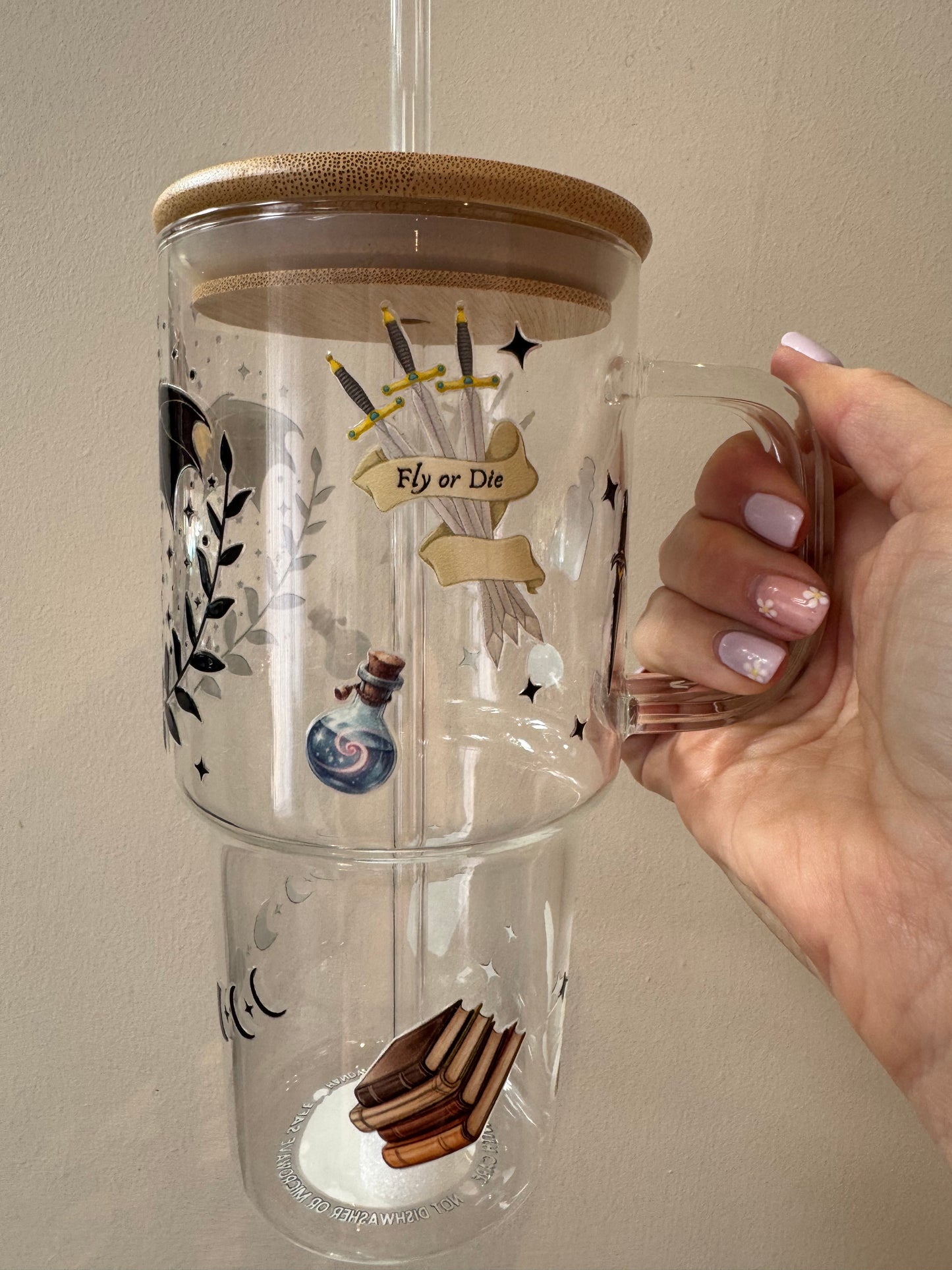 Fourth Wing Inspired Glass Tumbler with Handle, Bamboo lid and Glass straw - 750ml