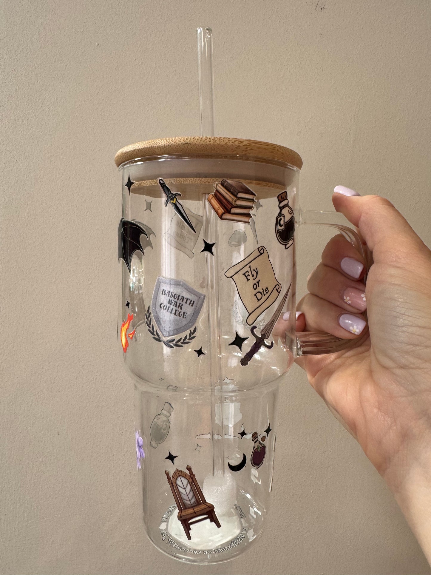 Fourth Wing Inspired Glass Tumbler with Handle, Bamboo lid and Glass straw - 750ml