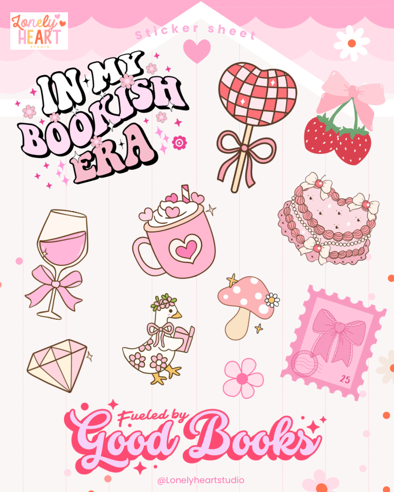 Bookish era pink sticker sheet- 12 cute stickers