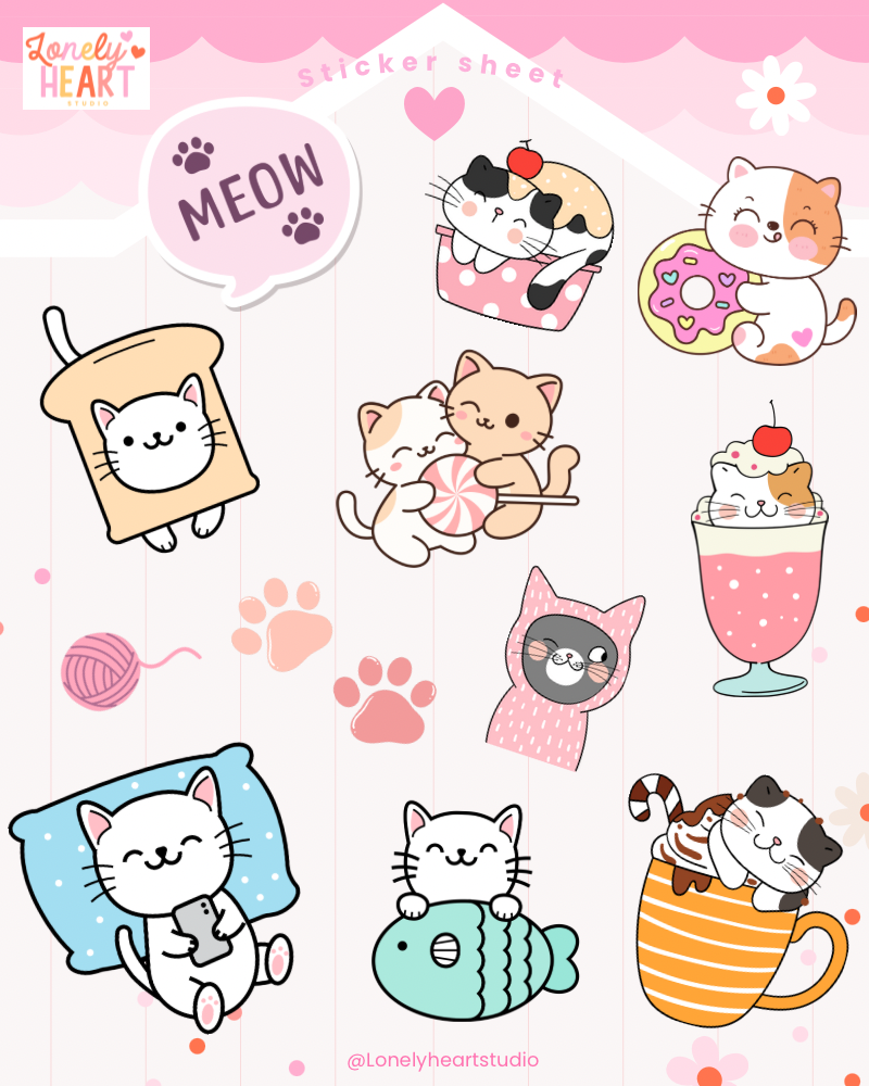Happy cats sticker sheet- 12 cute stickers