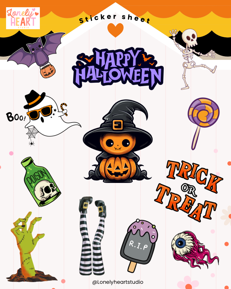 Halloween cute collection sticker sheet - 12 cute stickers