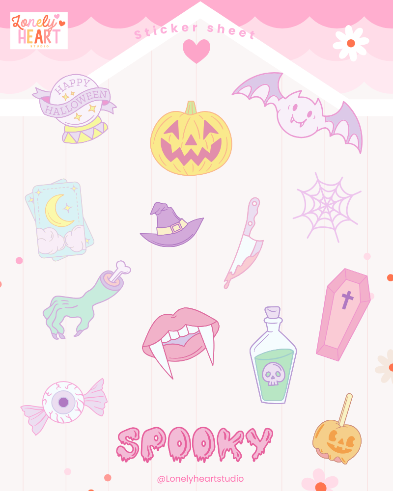 Pastel Halloween collection sticker sheet - 14 cute stickers