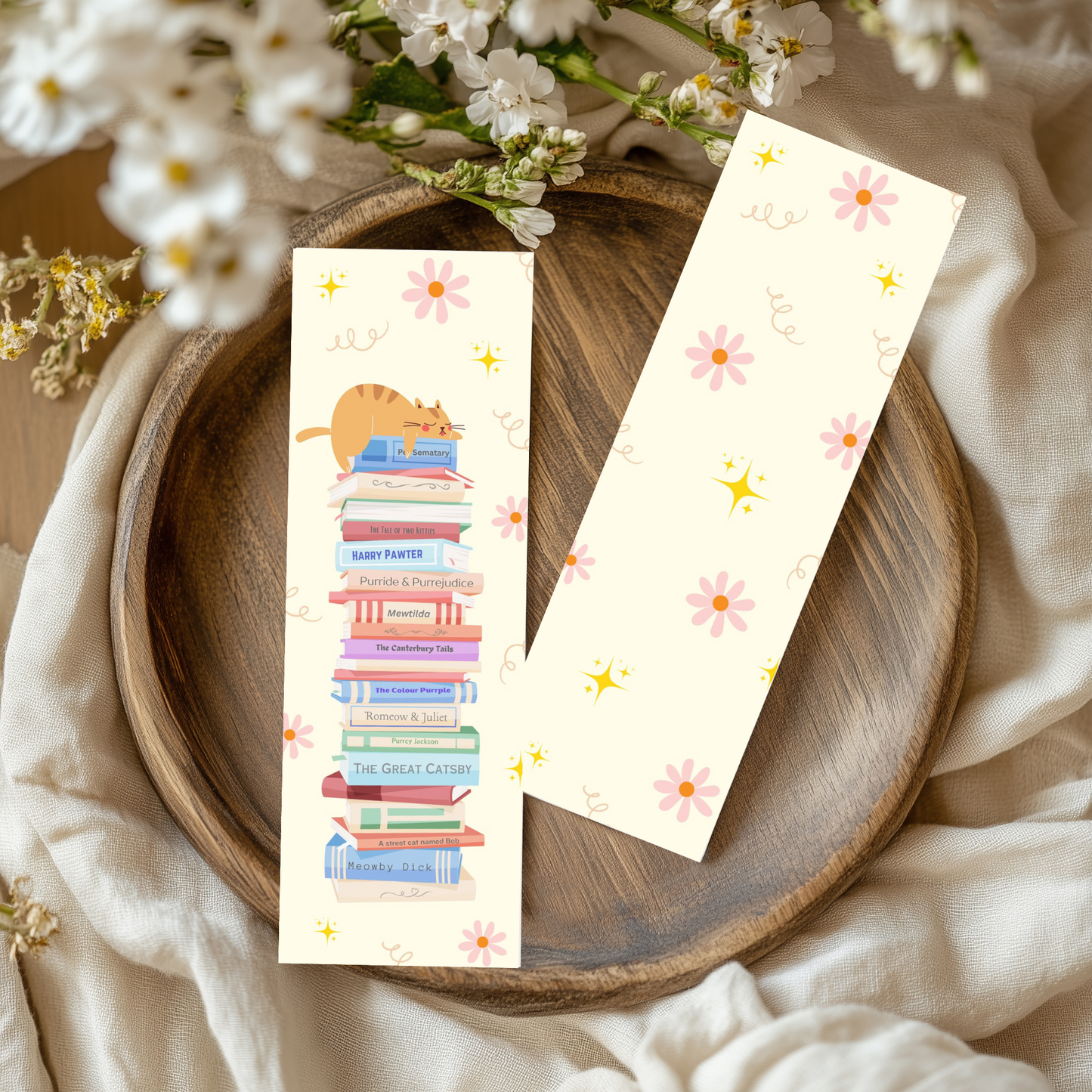 🐾 Cat Book Stack Bookmark – Cute Cat Sitting on Punny Book Titles 📚🐱