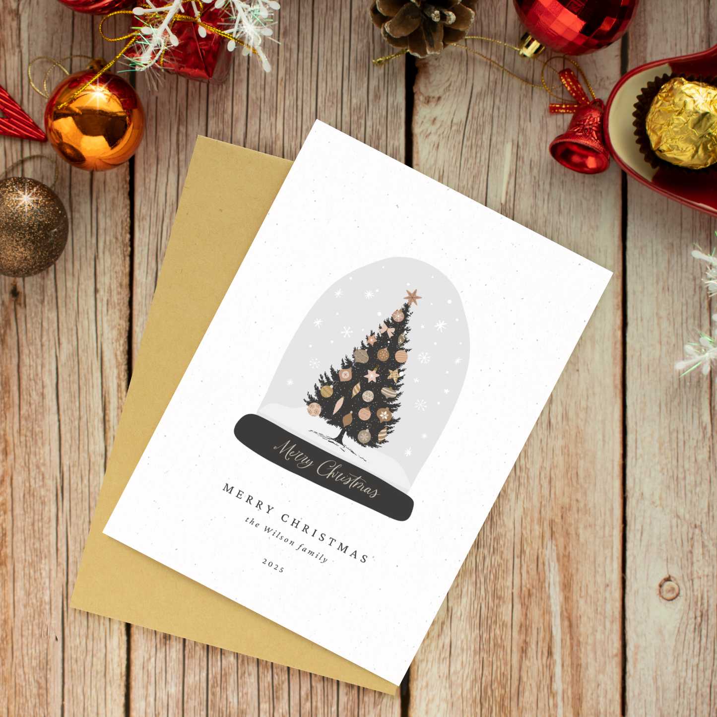Personalised Christmas Tree Snow Globe Card: Family Holiday Card
