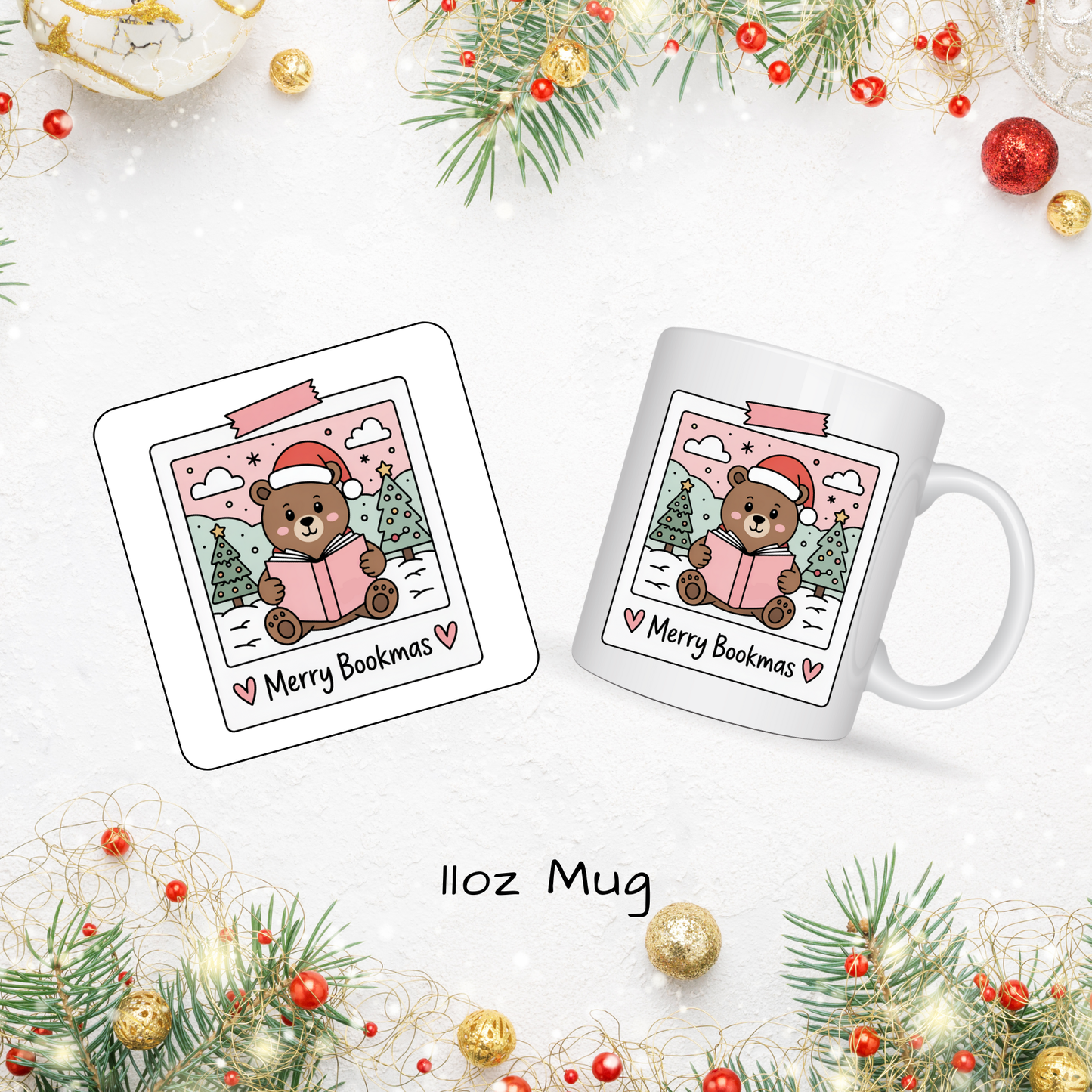Christmas Mug & Coaster Set - Ceramic Square Coasters 4 x 4 inches plus matching 11oz Mug