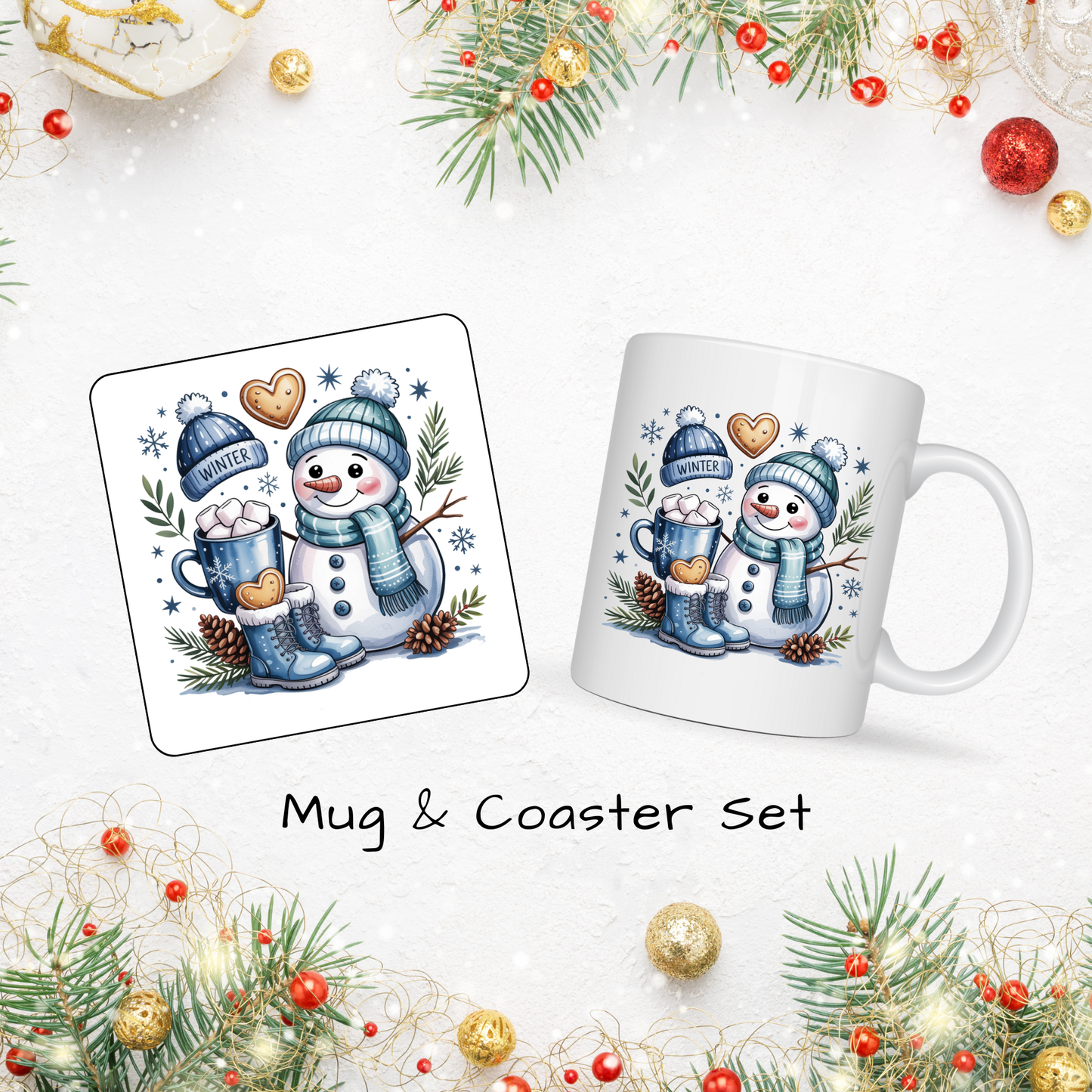 Christmas Mug & Coaster Set - Ceramic Square Coasters 4 x 4 inches plus matching 11oz Mug