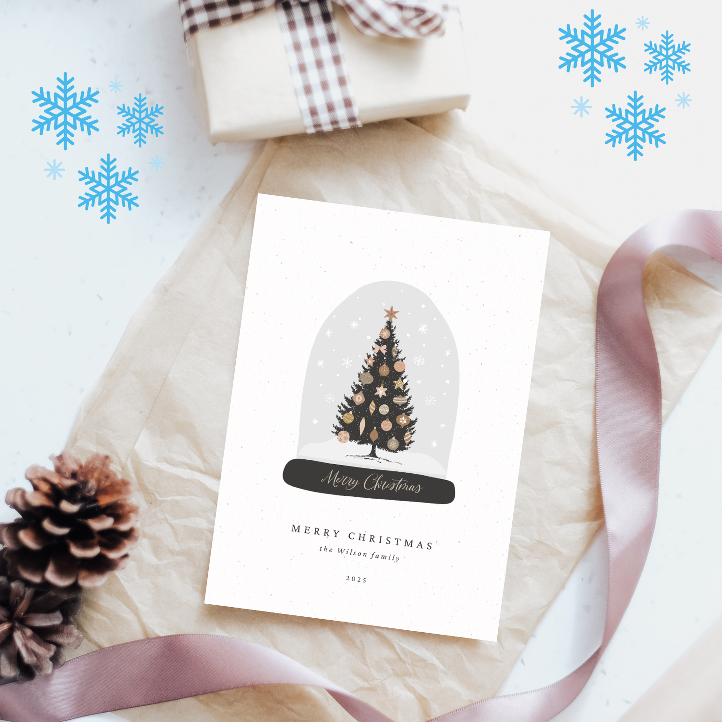 Personalised Christmas Tree Snow Globe Card: Family Holiday Card