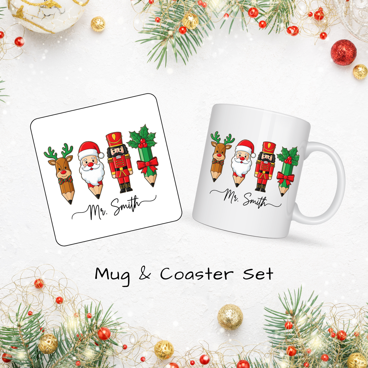Christmas Mug & Coaster Set - Ceramic Square Coasters 4 x 4 inches plus matching 11oz Mug