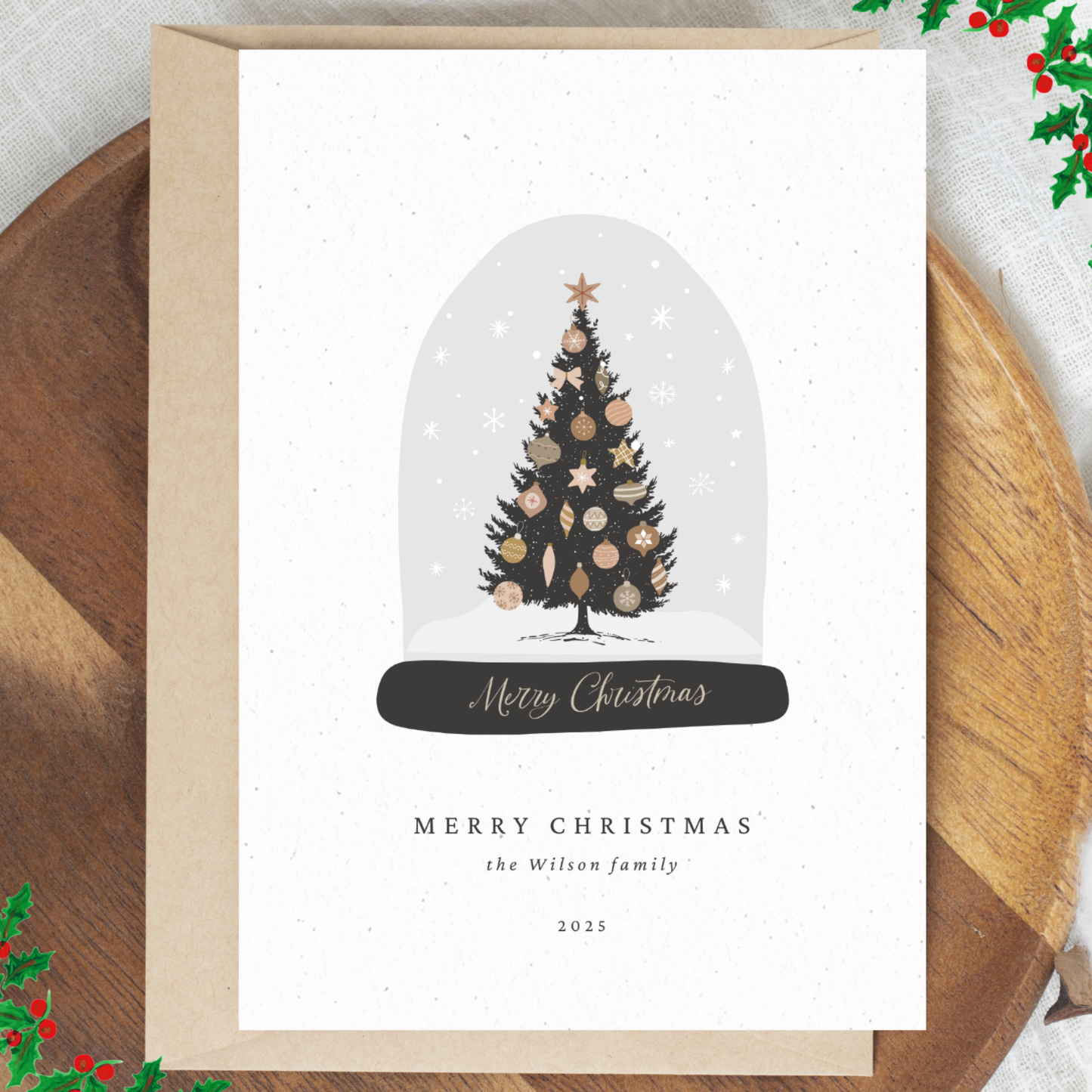 Personalised Christmas Tree Snow Globe Card: Family Holiday Card