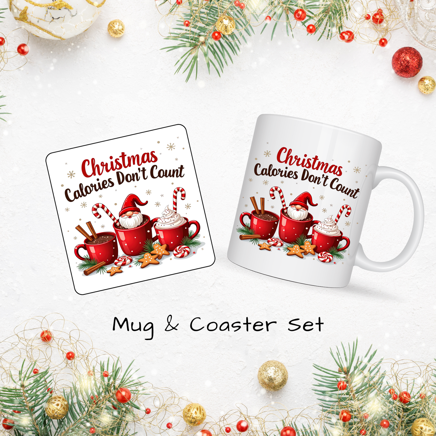 Christmas Mug & Coaster Set - Ceramic Square Coasters 4 x 4 inches plus matching 11oz Mug