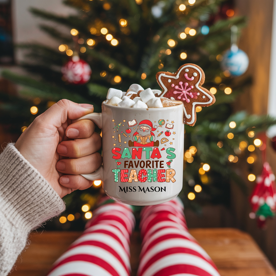 🎅 Personalised Teacher Christmas Mug – 11oz Ceramic Coffee Cup – Santa’s Favourite