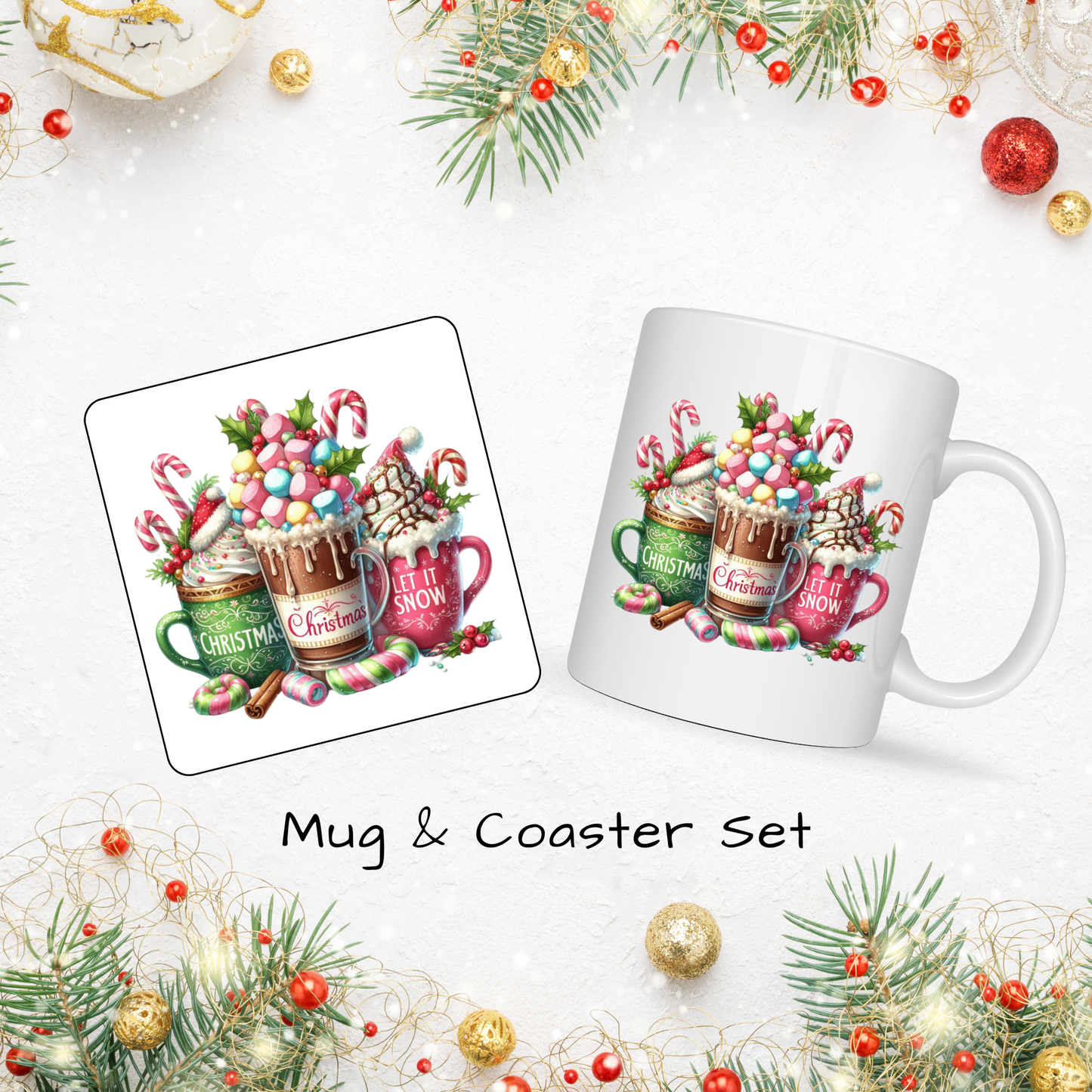 Christmas Mug & Coaster Set - Ceramic Square Coasters 4 x 4 inches plus matching 11oz Mug