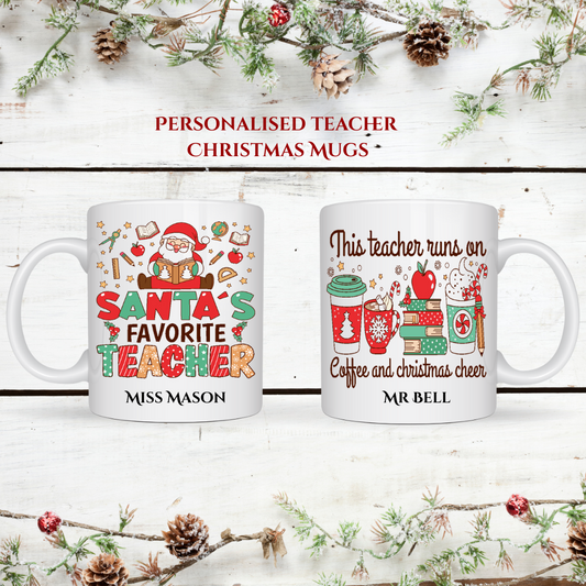 🎅 Personalised Teacher Christmas Mug – 11oz Ceramic Coffee Cup – Santa’s Favourite