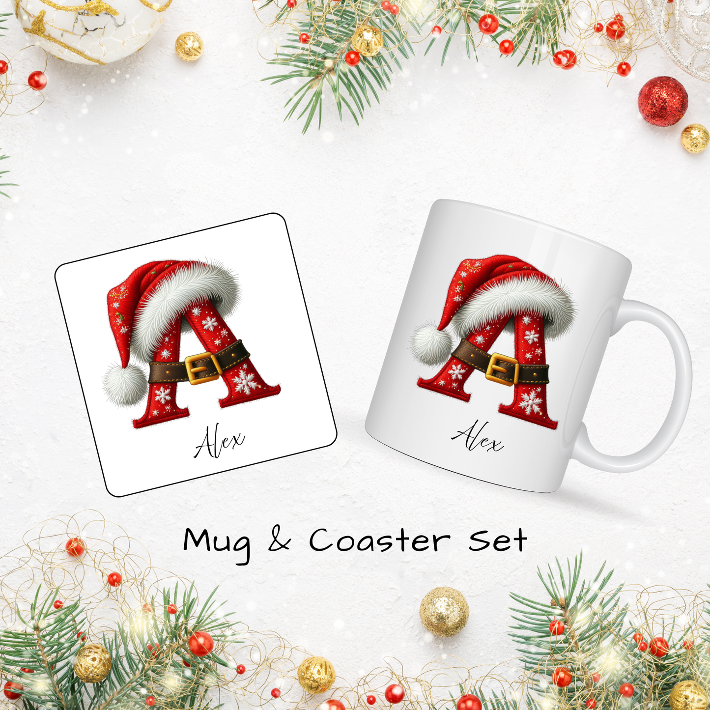 Christmas Mug & Coaster Set - Ceramic Square Coasters 4 x 4 inches plus matching 11oz Mug