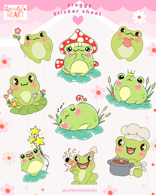 Froggie Sticker Sheet - Contains 9 cute stickers