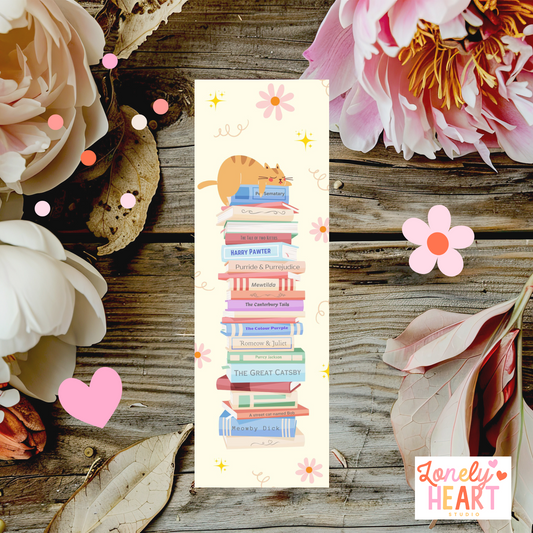 🐾 Cat Book Stack Bookmark – Cute Cat Sitting on Punny Book Titles 📚🐱