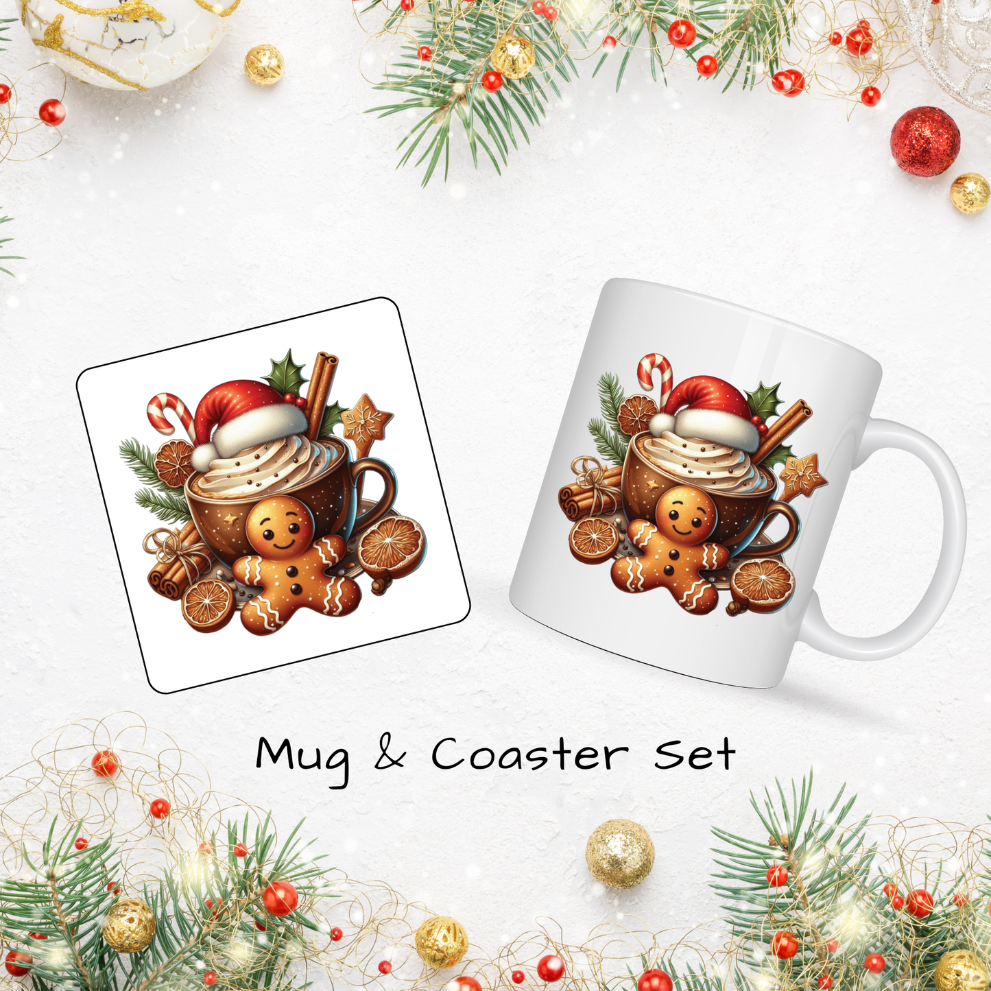 Christmas Mug & Coaster Set - Ceramic Square Coasters 4 x 4 inches plus matching 11oz Mug