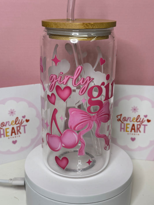 Girly Girl 16oz Glass Libbey can with glass straw