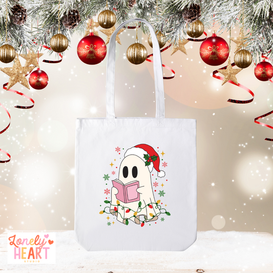 Christmas Reading Ghost Tote Bag – Festive Vibes | Long Handle
