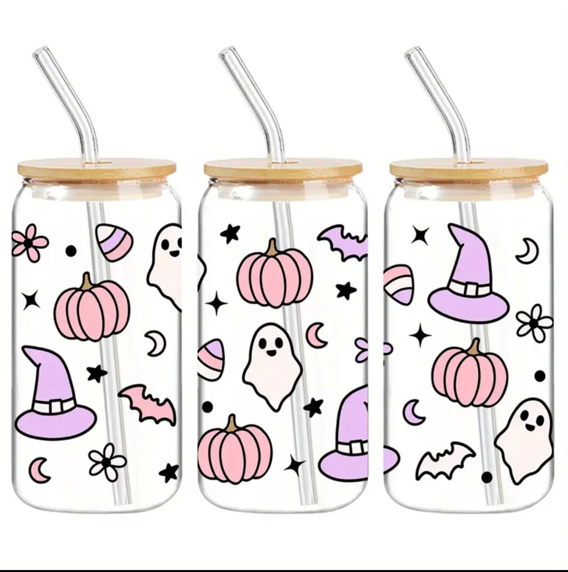 Halloween Themed - 480ml Glass can with bamboo lid and straw