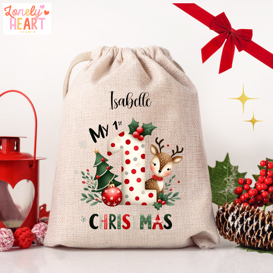 🎄 Personalised 1st Christmas Santa Sack – Baby’s First Christmas Gift Bag - Medium or Large