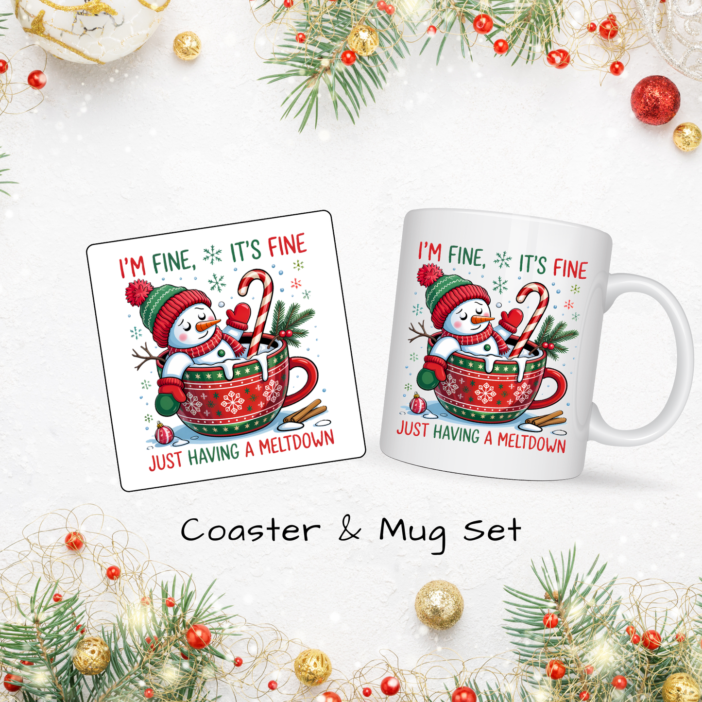 Christmas Mug & Coaster Set - Ceramic Square Coasters 4 x 4 inches plus matching 11oz Mug