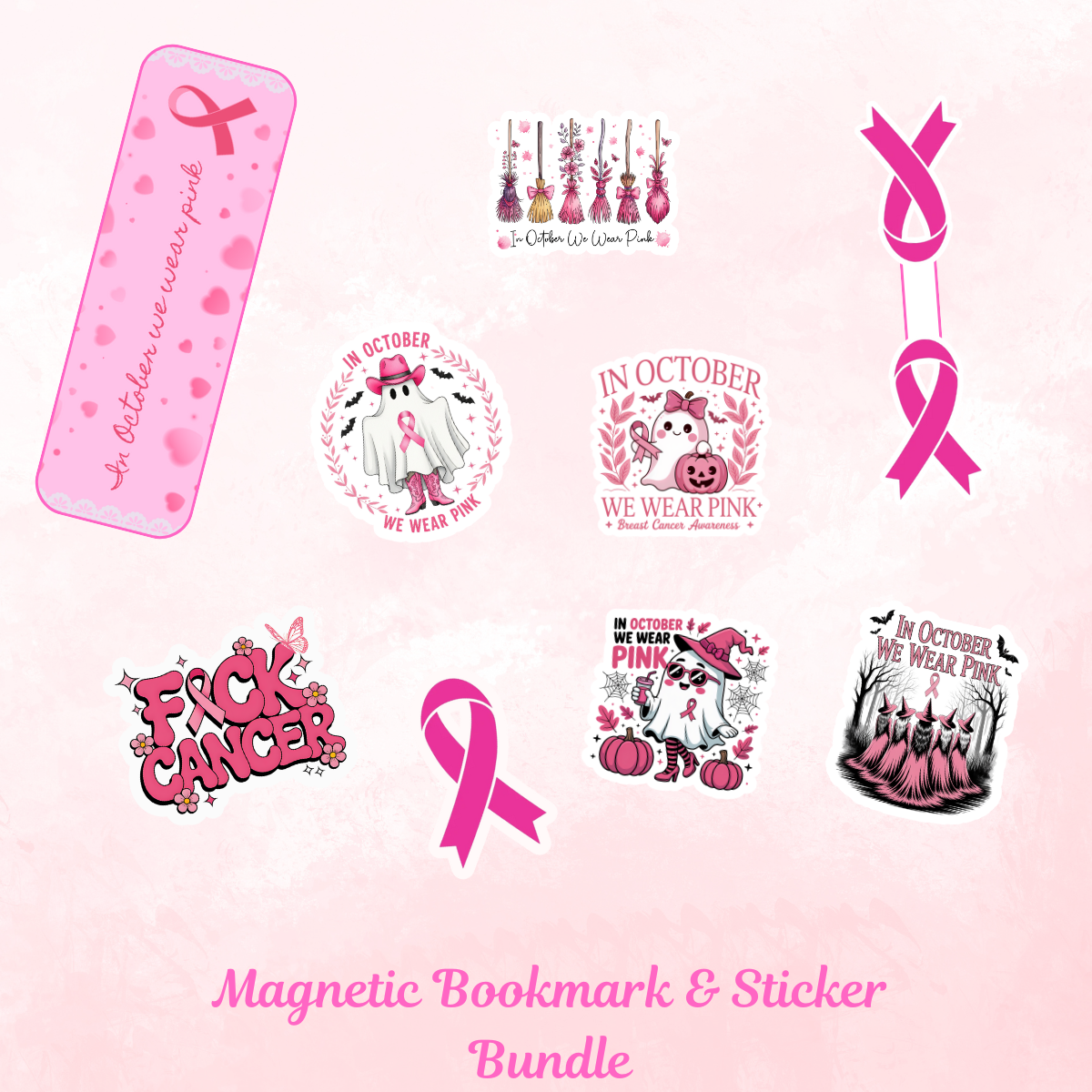 🎀 Breast Cancer Awareness Pink Bundle – Tote, Mug, Bookmark & Stickers (20% Donated to Cancer Research)