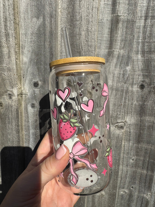 Bows and Berries 16oz Glass Libbey can with glass straw