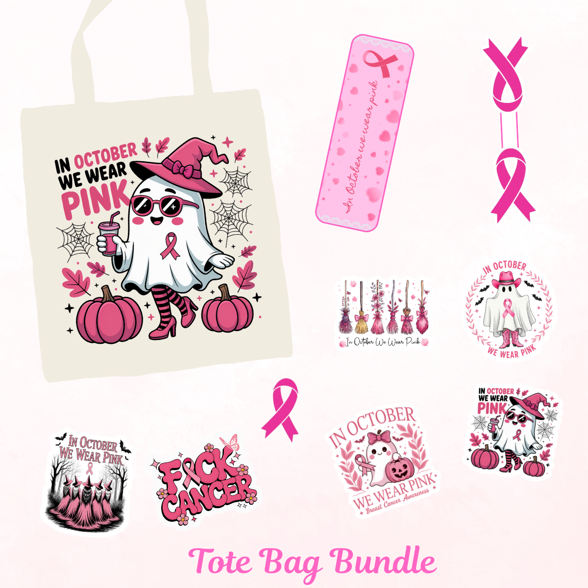 🎀 Breast Cancer Awareness Pink Bundle – Tote, Mug, Bookmark & Stickers (20% Donated to Cancer Research)