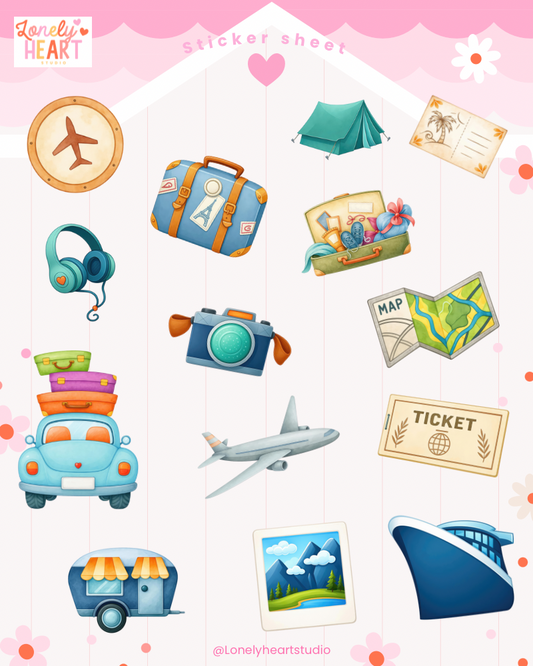 classic travel cute collection sticker sheet - 14 cute stickers