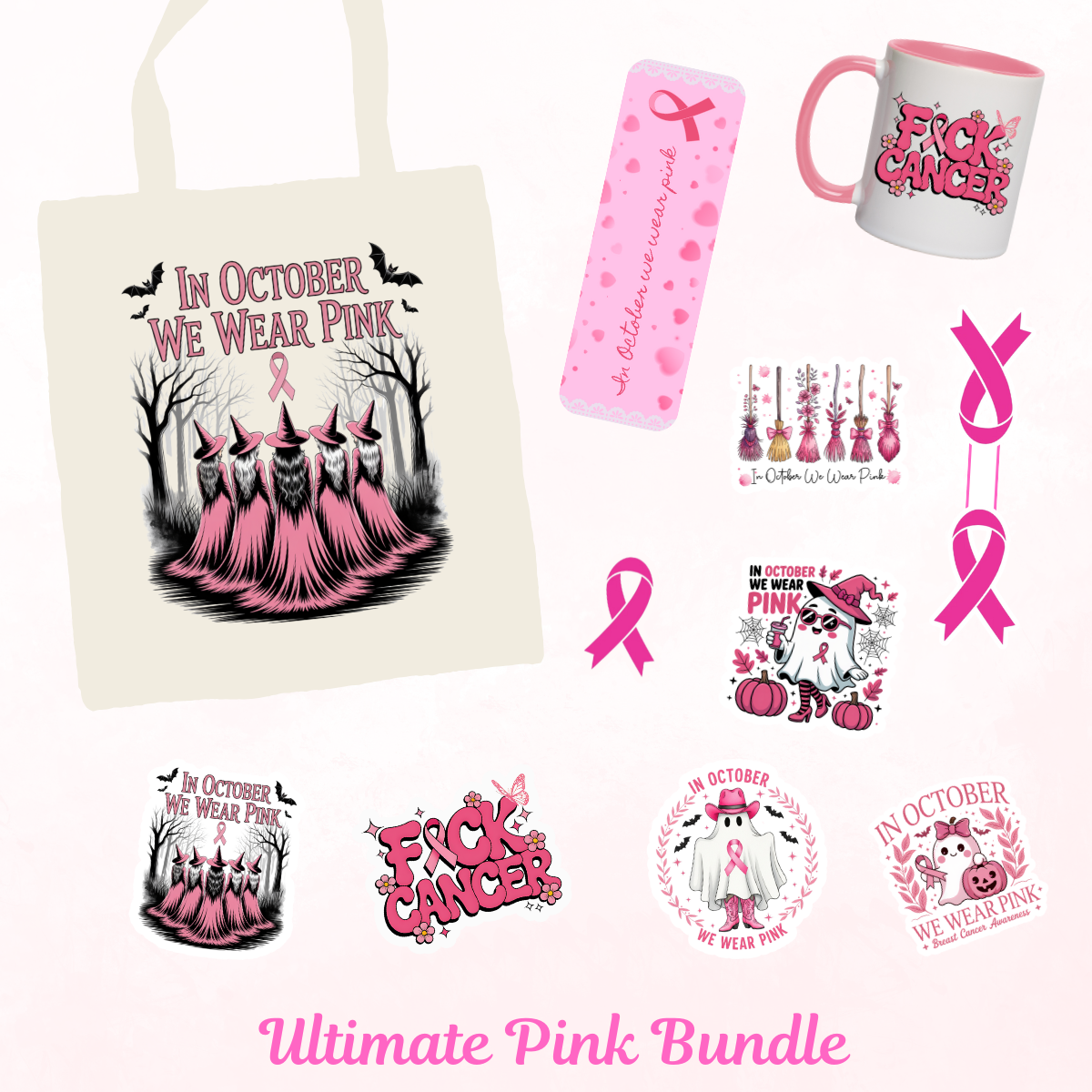 🎀 Breast Cancer Awareness Pink Bundle – Tote, Mug, Bookmark & Stickers (20% Donated to Cancer Research)