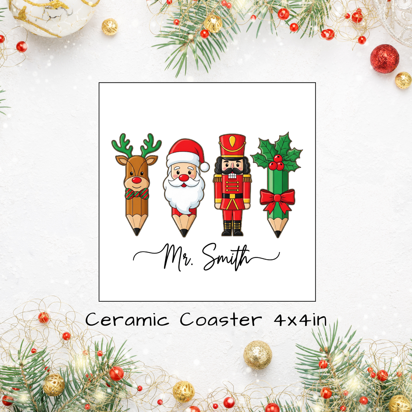 Christmas Themed Ceramic Square Coasters 4 x 4 inches - 10 designs to choose from