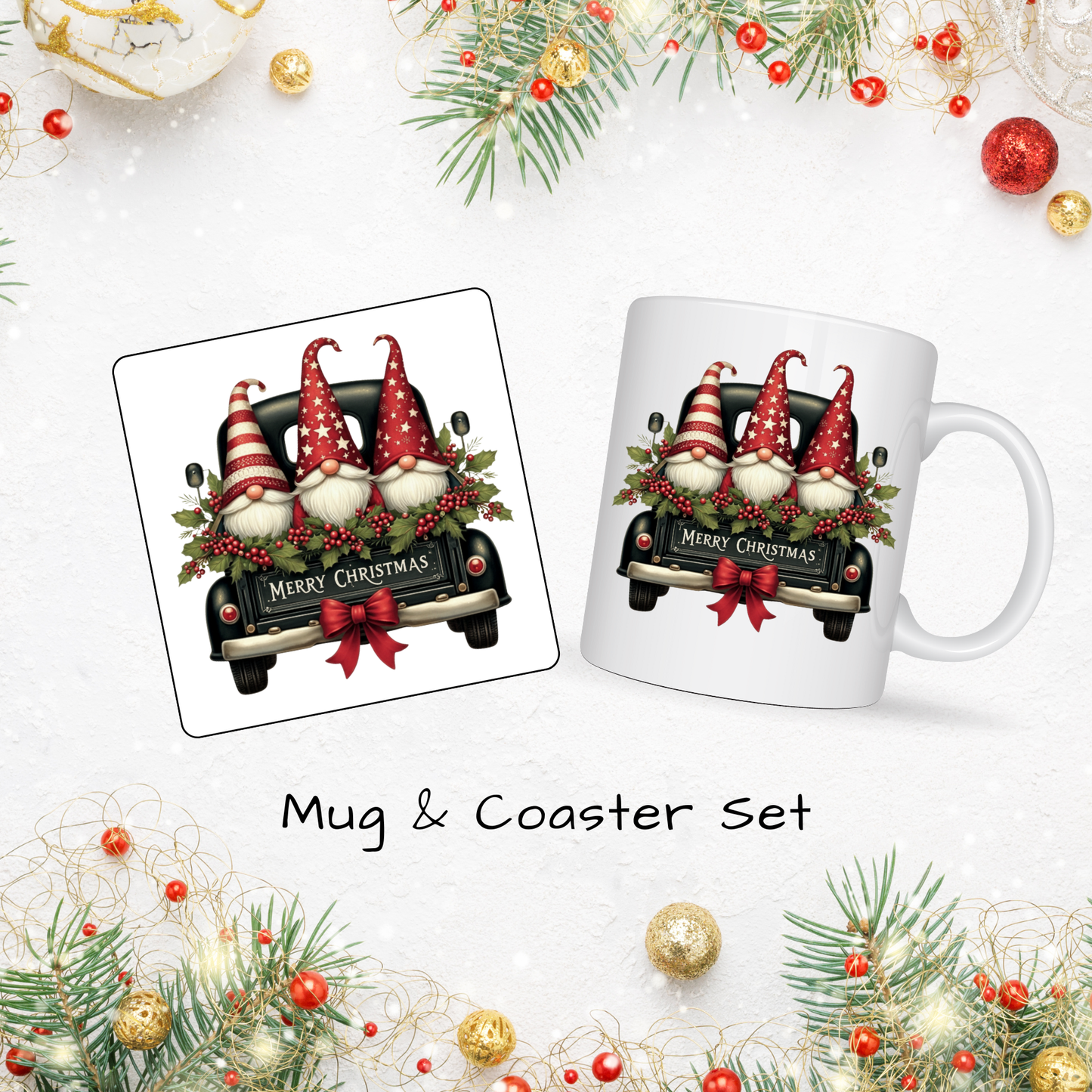 Christmas Mug & Coaster Set - Ceramic Square Coasters 4 x 4 inches plus matching 11oz Mug
