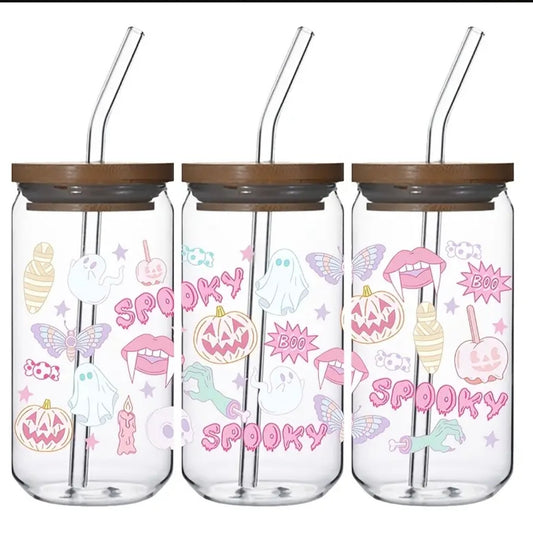 Halloween Themed - 480ml Glass can with bamboo lid and straw