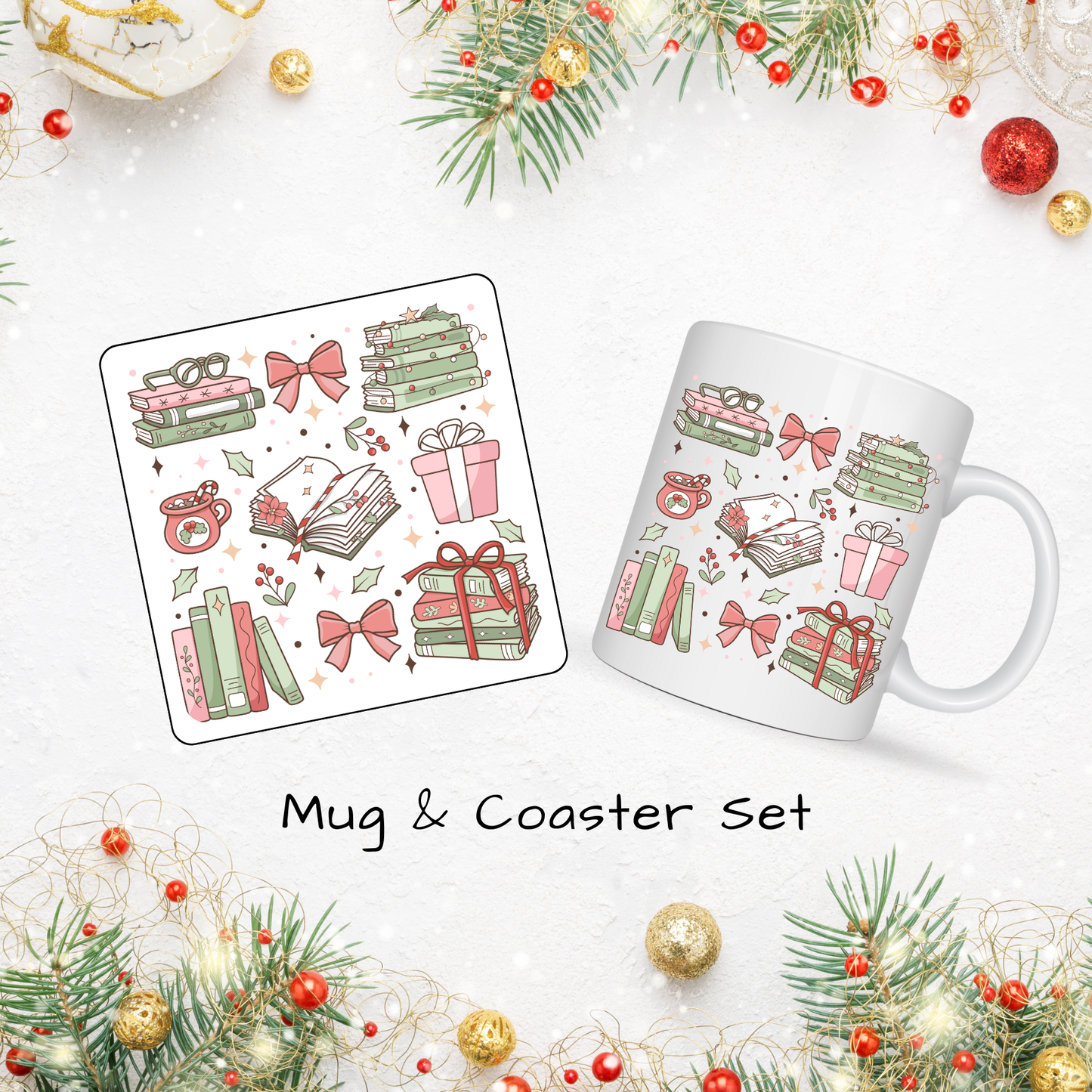 Christmas Mug & Coaster Set - Ceramic Square Coasters 4 x 4 inches plus matching 11oz Mug